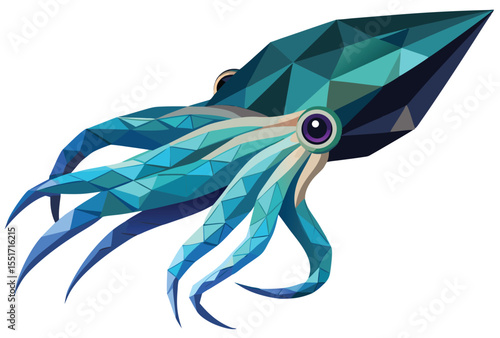 Polygonal Squid Icon in Low Poly Style, Modern Geometric Vector Sea Creature