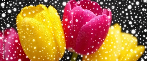 A blooming tulip's petals, richly colored, are captured up close with morning sunlight highlighting dew drops