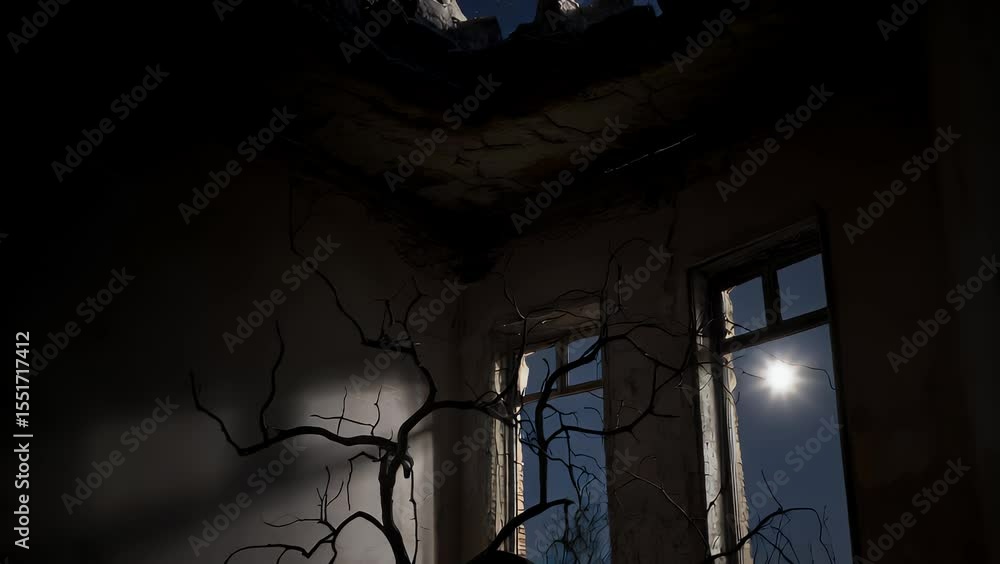 Surreal Scene of Dead Tree Inside a Decayed Building at Night Surreal Scene of Dead Tree Inside a Decayed Building at Night