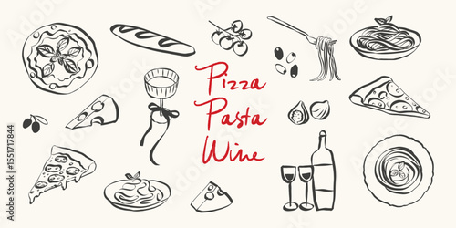 Whimsical italian food doodles. Quirky icons of Italian food in simple crayon and sketch style. Trendy art for menus and dinner brunch invitations. La dolce vita vector illustration