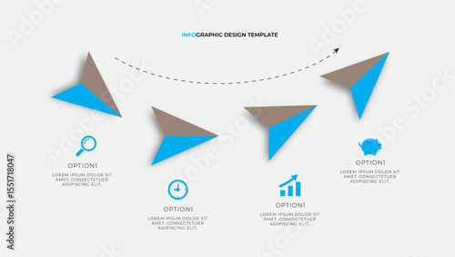 Paper airplane infographic design template with four blue and brown paper planes and icons showing options and progress
