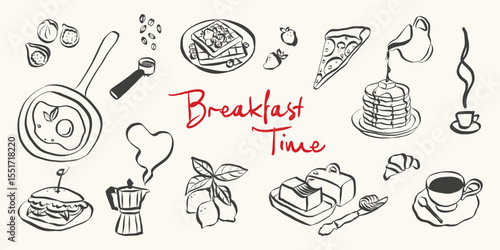 Whimsical breakfast doodles. Quirky icons of Italian food in simple crayon and sketch style. Trendy art for menus and dinner brunch invitations. La dolce vita vector illustration
