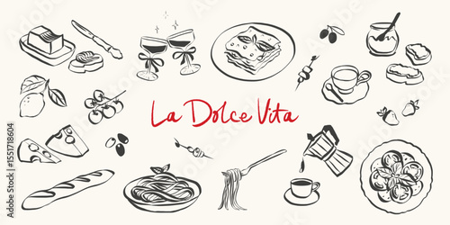 Whimsical italian food doodles. Quirky icons of Italian food in simple crayon and sketch style. Trendy art for menus and dinner brunch invitations. La dolce vita hand drawn vector illustration