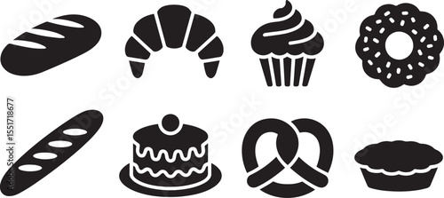 Black and white icons of bakery items including bread croissant cupcake donut cake pretzel pie