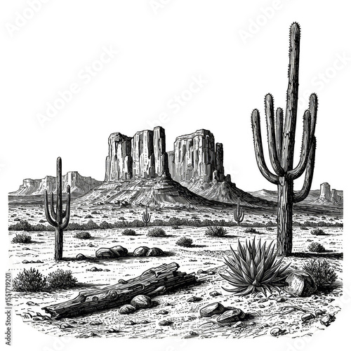 Illustration of Desert Landscape with Cactus and Mountains in Black and White