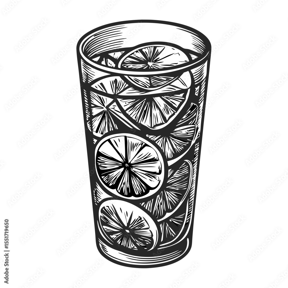 Fototapeta premium Infused water in glass with lemon slices. Refreshing citrus infused water drink in tall glass. Hand-drawn engraving of infused water perfect for restaurant menu design.