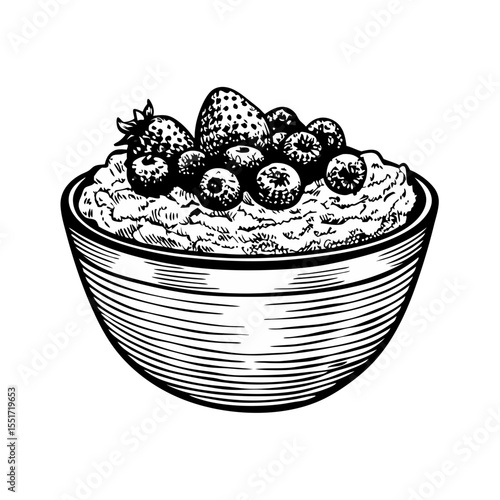 Oatmeal with berries in bowl. Delicious breakfast oatmeal topped with fresh strawberries and blueberries. Hand-drawn engraving of oatmeal with berries perfect for menu design.