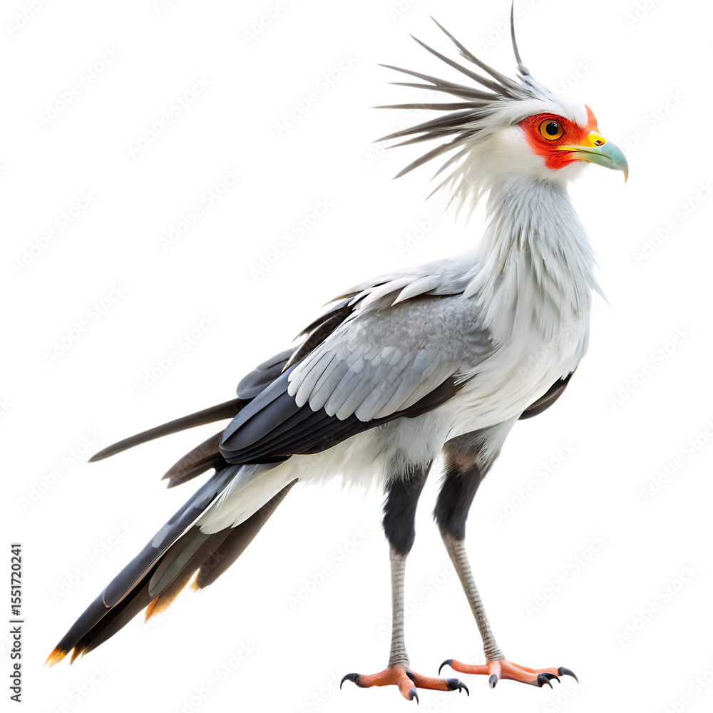 Obraz premium Majestic secretary bird with striking red facial markings and prominent crest standing tall isolated on a transparent background