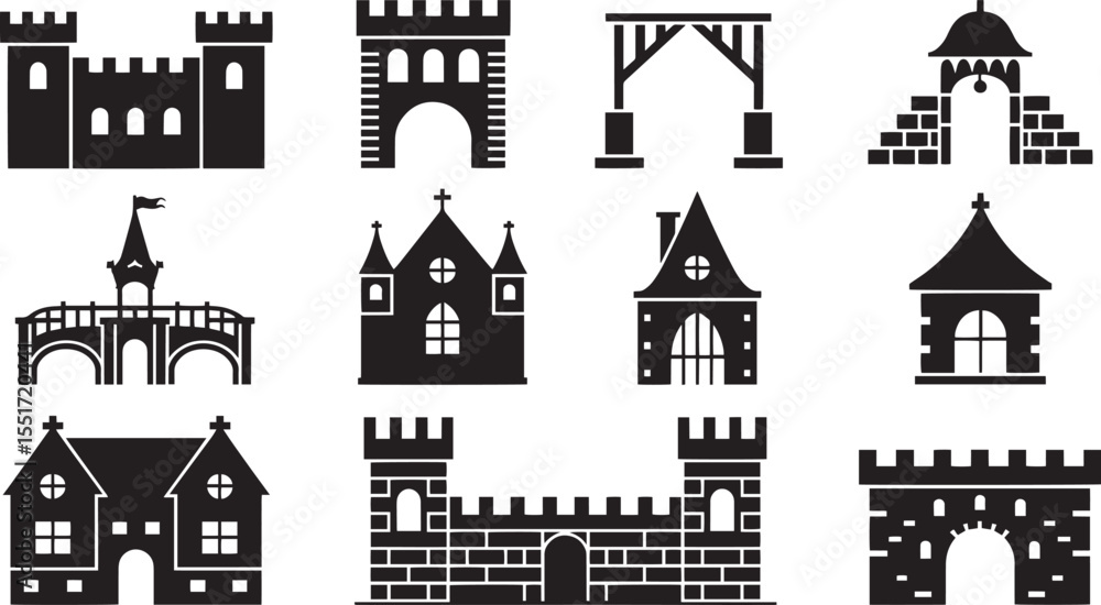 Obraz premium Collection of black silhouette castle and building icons architecture