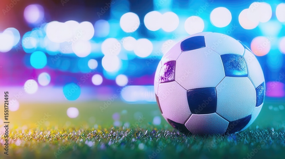 Naklejka premium Soccer leather ball resting on verdant field, illuminated backdrop stadium awaiting nighttime match