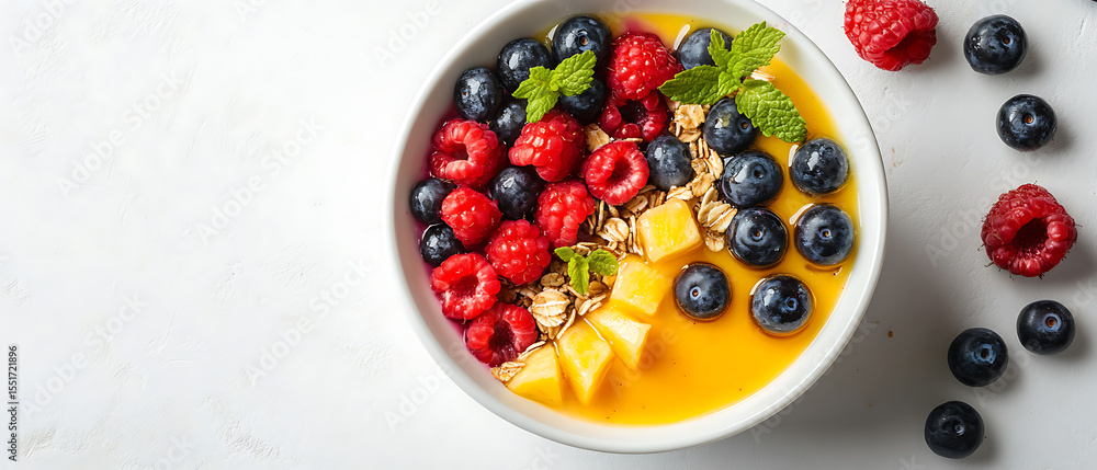 Colorful Berry and Mango Smoothie Bowl Topped with Granola and Fresh Mint Colorful Berry and Mango Smoothie Bowl Topped with Granola and Fresh Mint