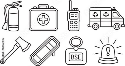Firefighter equipment first aid kit ambulance walkie talkie axe and siren extinguisher