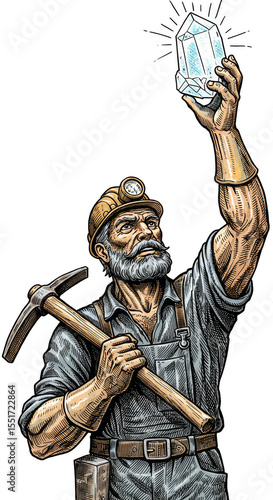 Illustration of Miner with Crystal Gem Pickaxe Transparent Background