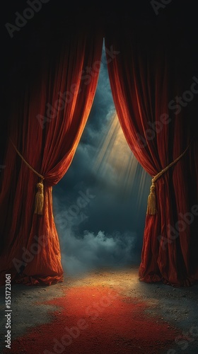 Dramatic stage curtains reveal a mysterious light source in a darkened environment