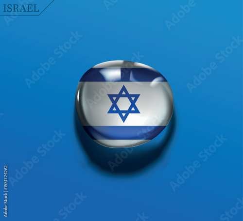 Israel flag icon. 3D glossy round button with the Star of David. Modern sphere for web and apps, isolated on a blue background.