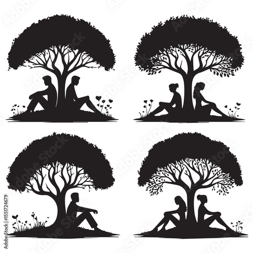 Couple sitting under tree silhouette couple silhouette tree man woman with white baground