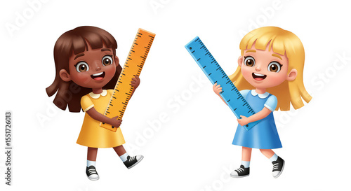 Illustration of Two Cheerful Girls Holding Rulers Isolated on Transparent