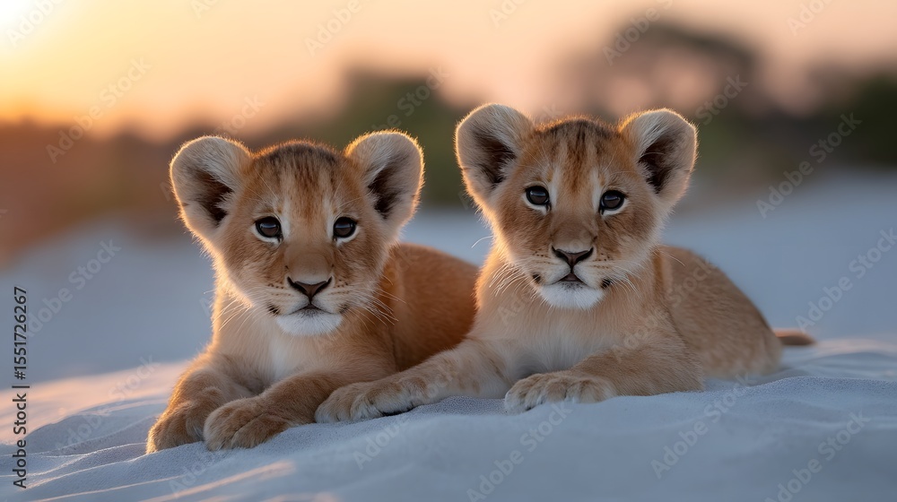 Obraz premium Two adorable lion cubs resting in the wild