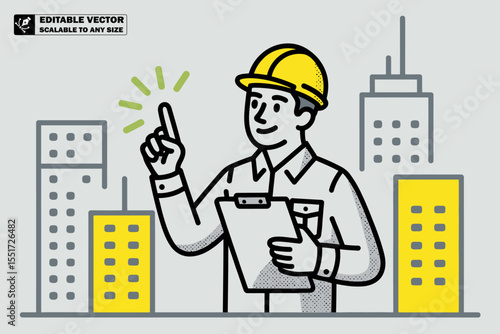 Cartoon engineer pointing at buildings with clipboard and exclamation mark speech bubble icon art