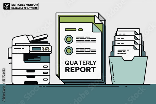 Illustration of a printer with paper and document holders in a minimalist style office equipment theme