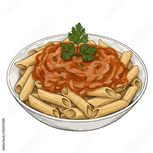 Illustration of Penne Pasta with Tomato Sauce and Parsley in Bowl