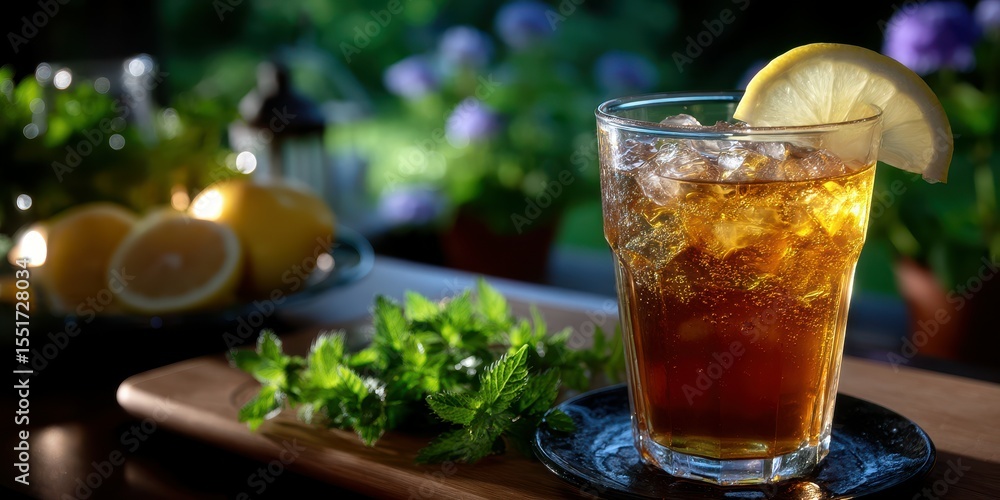 Refreshing iced tea with lemon and mint displayed on a wooden tray at a cozy outdoor setting in the afternoon Refreshing iced tea with lemon and mint displayed on a wooden tray at a cozy outdoor setting in the afternoon