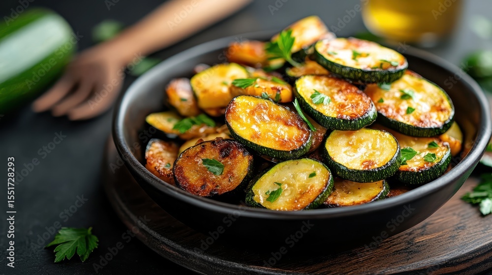 A beautifully arranged bowl of perfectly cooked zucchini slices garnished with fresh herbs, showcasing the vibrant colors and inviting textures of healthy, delicious food. A beautifully arranged bowl of perfectly cooked zucchini slices garnished with fresh herbs, showcasing the vibrant colors and inviting textures of healthy, delicious food.