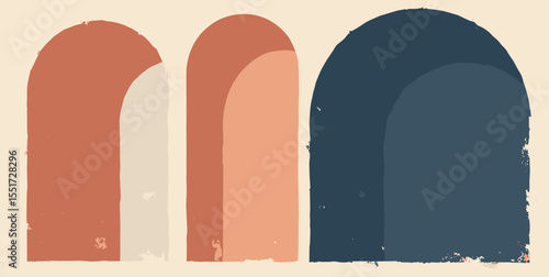 Modernist arches and grids in clay orange, navy, and linen white