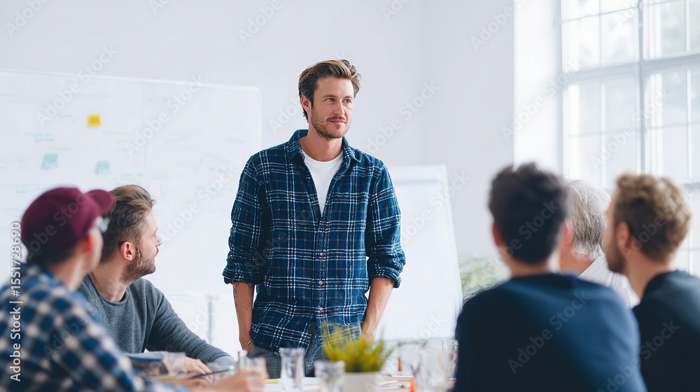Fototapeta premium Confident Young Man Leading a Team Meeting in a Modern Office He's Presenting Ideas to Colleagues