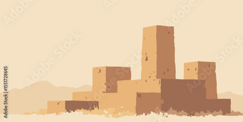 Stacked column shapes in ochre, soft brown, and ivory