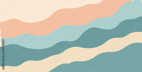 Wavy modular stripe art in aqua, peach, and pale stone