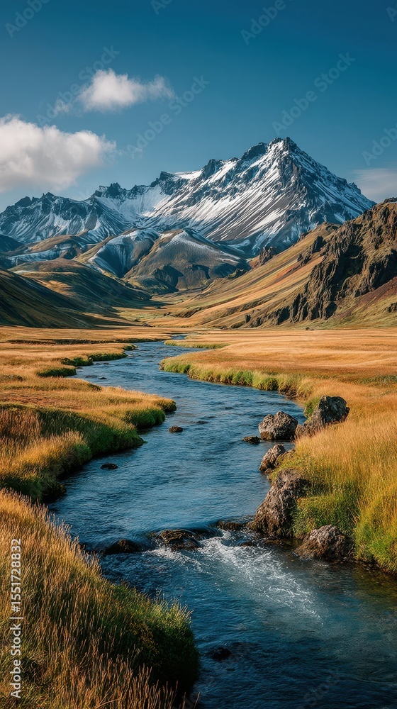 Majestic mountains rise above a serene river flowing through golden grasslands during a clear day Majestic mountains rise above a serene river flowing through golden grasslands during a clear day