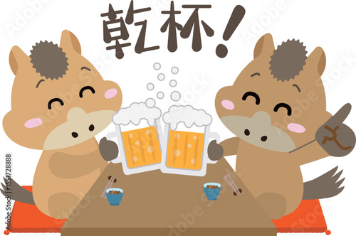 馬たちの乾杯！新年会・宴会を楽しむイラスト（午年）