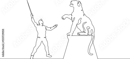 Continuous one line drawing animal trainer. Circus. Tiger training. Animals in the circus. Animal tamer.One continuous line isolated minimal illustration.Not AI.
