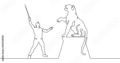 Continuous one line drawing animal trainer. Circus. Tiger training. Animals in the circus. Animal tamer.One continuous line isolated minimal illustration.Not AI.