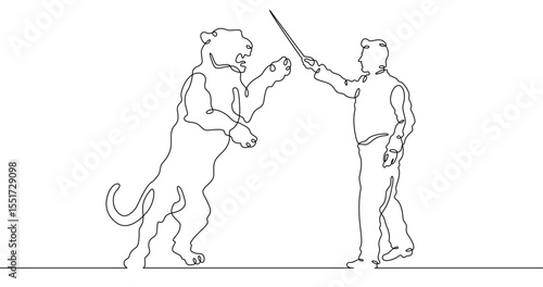 Continuous one line drawing animal trainer. Circus. Tiger training. Animals in the circus. Animal tamer.One continuous line isolated minimal illustration.Not AI.