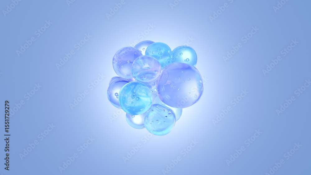 A cluster of transparent blue liquid droplets floating and merging in mid-air. Minimalist and abstract composition representing hydration, purity, skincare, or futuristic scientific concepts. Isolated A cluster of transparent blue liquid droplets floating and merging in mid-air. Minimalist and abstract composition representing hydration, purity, skincare, or futuristic scientific concepts. Isolated