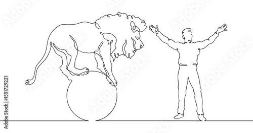 Continuous one line drawing animal trainer. Circus. Tiger training. Animals in the circus. Animal tamer.One continuous line isolated minimal illustration.Not AI.