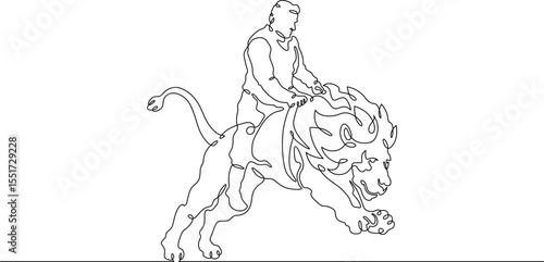 Continuous one line drawing animal trainer. Circus. Tiger training. Animals in the circus. Animal tamer.One continuous line isolated minimal illustration.Not AI.