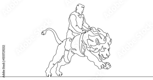 Continuous one line drawing animal trainer. Circus. Tiger training. Animals in the circus. Animal tamer.One continuous line isolated minimal illustration.Not AI.