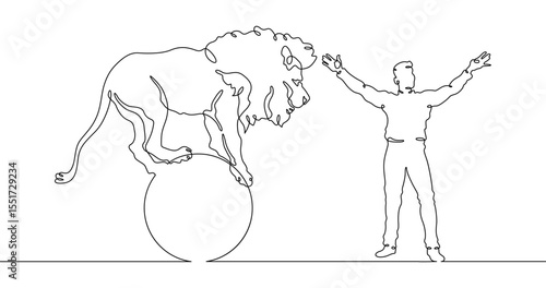 Continuous one line drawing animal trainer. Circus. Tiger training. Animals in the circus. Animal tamer.One continuous line isolated minimal illustration.Not AI.