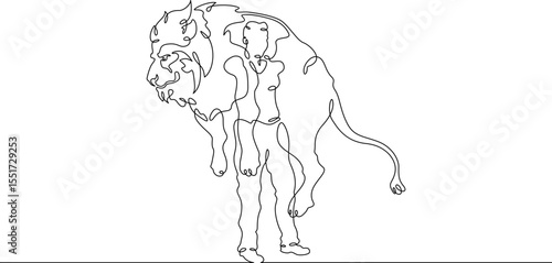Continuous one line drawing animal trainer. Circus. Tiger training. Animals in the circus. Animal tamer.One continuous line isolated minimal illustration.Not AI.