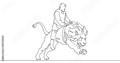 Continuous one line drawing animal trainer. Circus. Tiger training. Animals in the circus. Animal tamer.One continuous line isolated minimal illustration.Not AI.