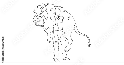Continuous one line drawing animal trainer. Circus. Tiger training. Animals in the circus. Animal tamer.One continuous line isolated minimal illustration.Not AI.