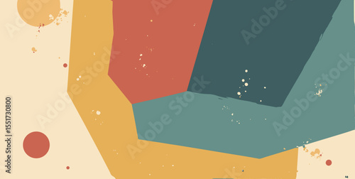 Cubist polygon fragments in brick red, mustard, deep teal, and bone