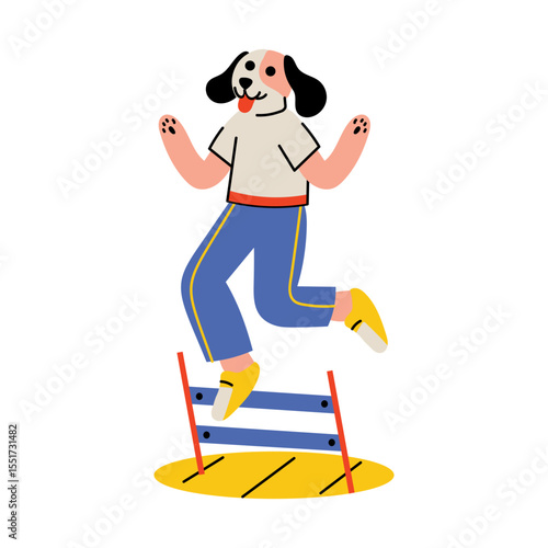 A flat style illustration showing a jumping dog 
