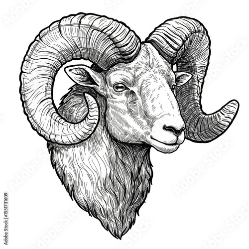 Illustration Ram Head with Horns in Black and White Isolated Animal
