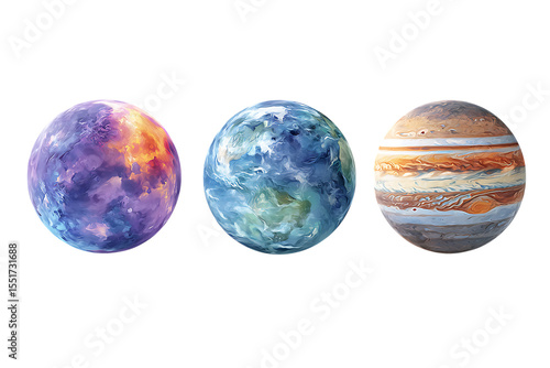 Artistic depiction of planets,  Earth, Jupiter, and a hypothetical planet.