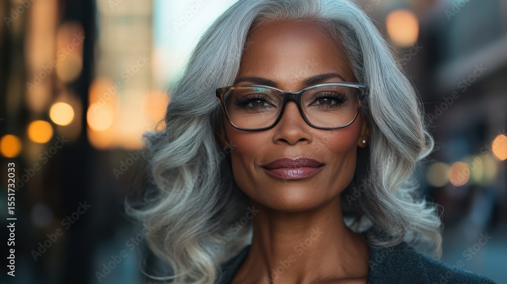A poised mature woman with silver hair and glasses, exuding confidence and elegance against a blurred urban backdrop, embodying timeless beauty and strength in life. A poised mature woman with silver hair and glasses, exuding confidence and elegance against a blurred urban backdrop, embodying timeless beauty and strength in life.