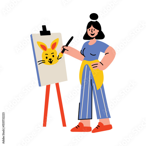 A character making a pet drawing on canvas board, a flat illustration 
